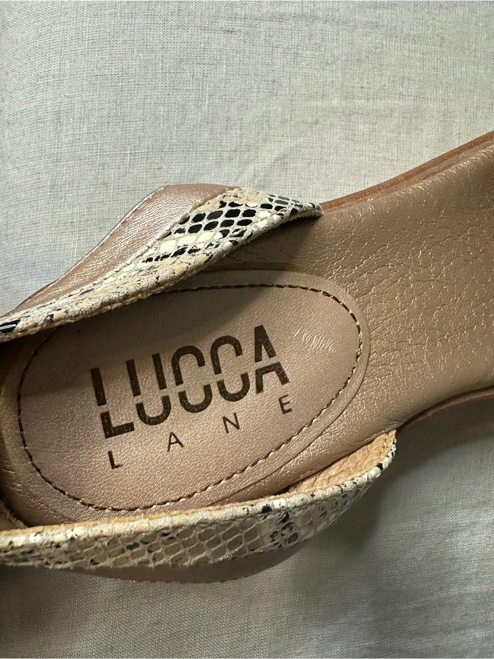 Lucca Lane Karel Cork Wedge Sandals, Metallic  Taupe & Snake Print Size 7 1/2